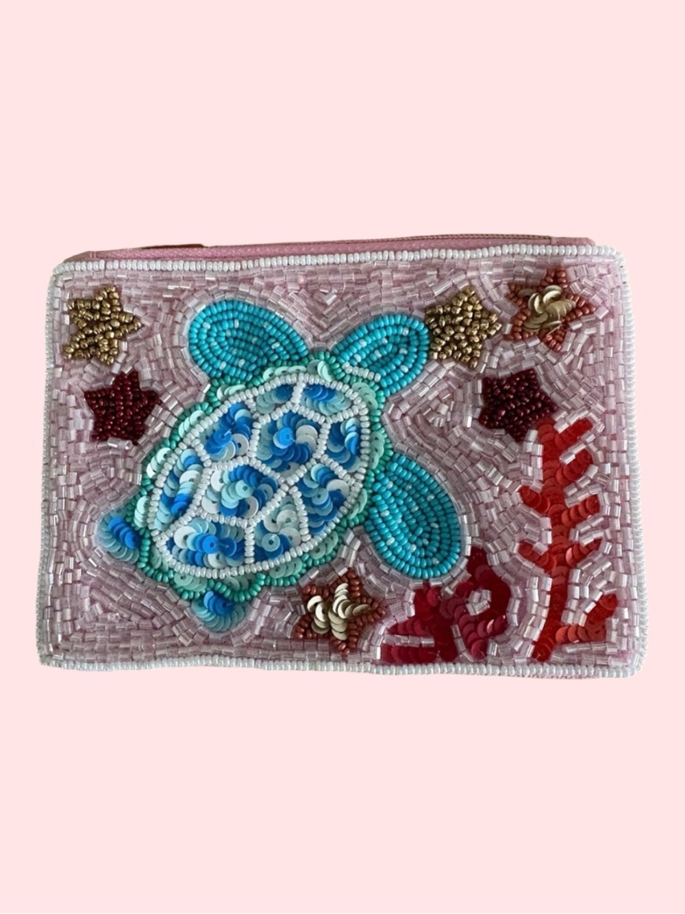 BEADED COIN PURSE Turtle Pink and Turquoise